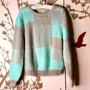 JUST CRISTINA Knitted by Hand Turquoise & Gray Sweater size S...